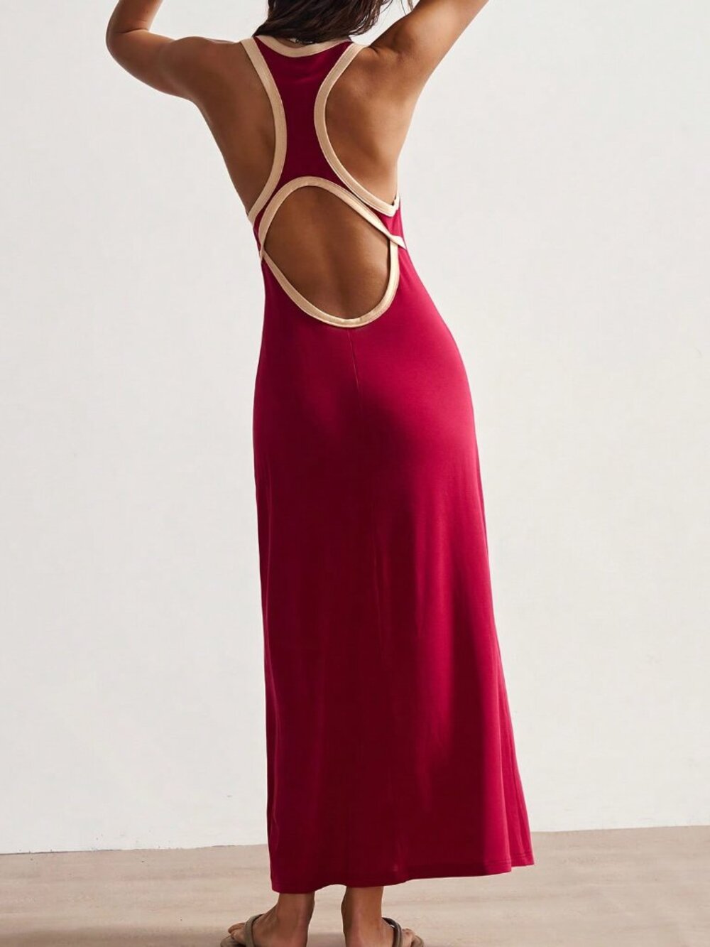 Burgundy Casual Women's Boho Colorblock Long Knit Dress - Picture 2 of 4